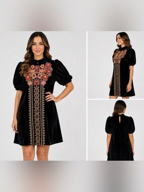 THML Black Velvet Embroidered Floral Puff Sleeve Dress S